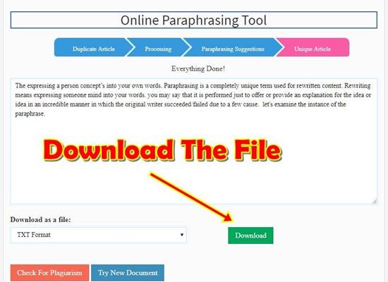 download paraphrased text from seomagnifier paraphrasing tool using