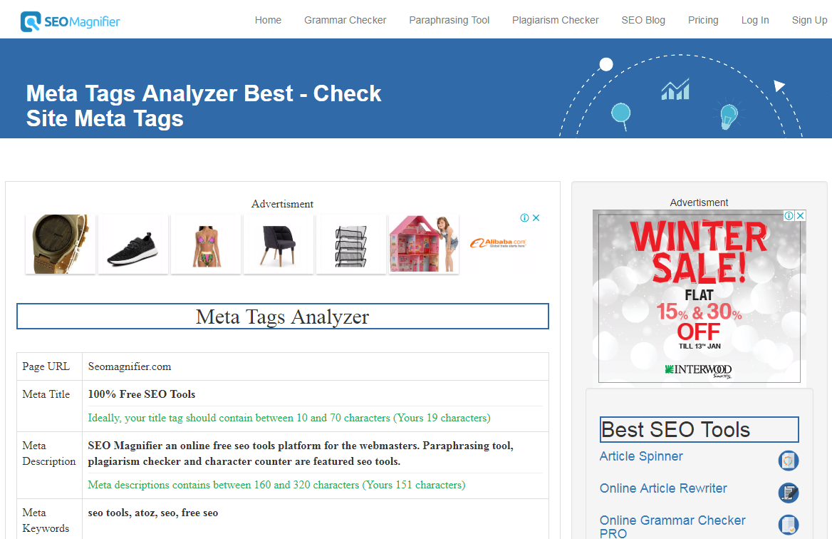 Meta tag analyzer results report