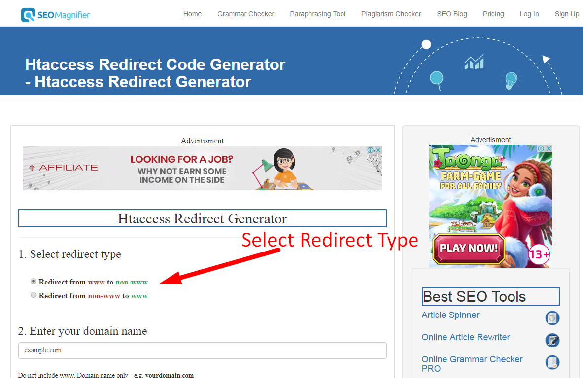 using htaccess redirect generator