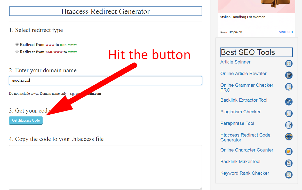using seo magnifier htaccess redirect generator